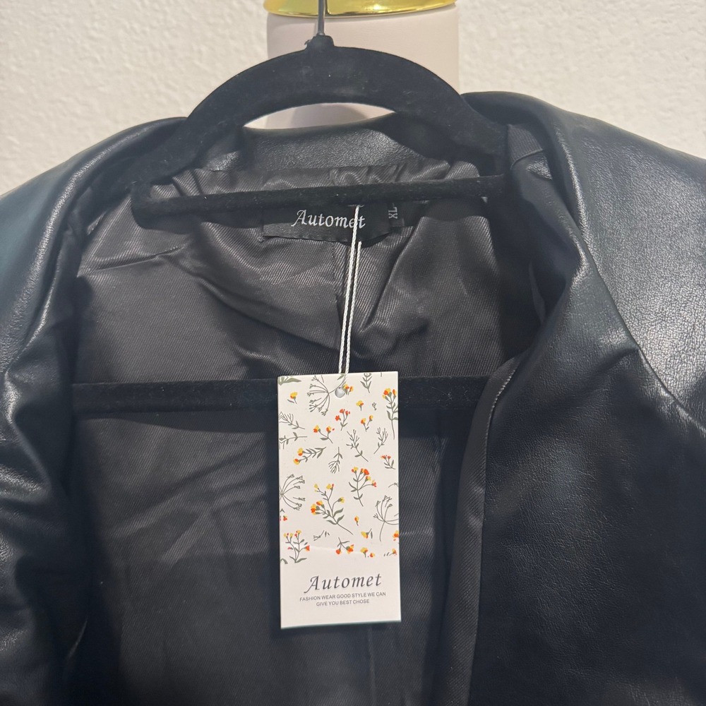 Autometh Black Faux Leather Oversized Bomber Jacket Women XL